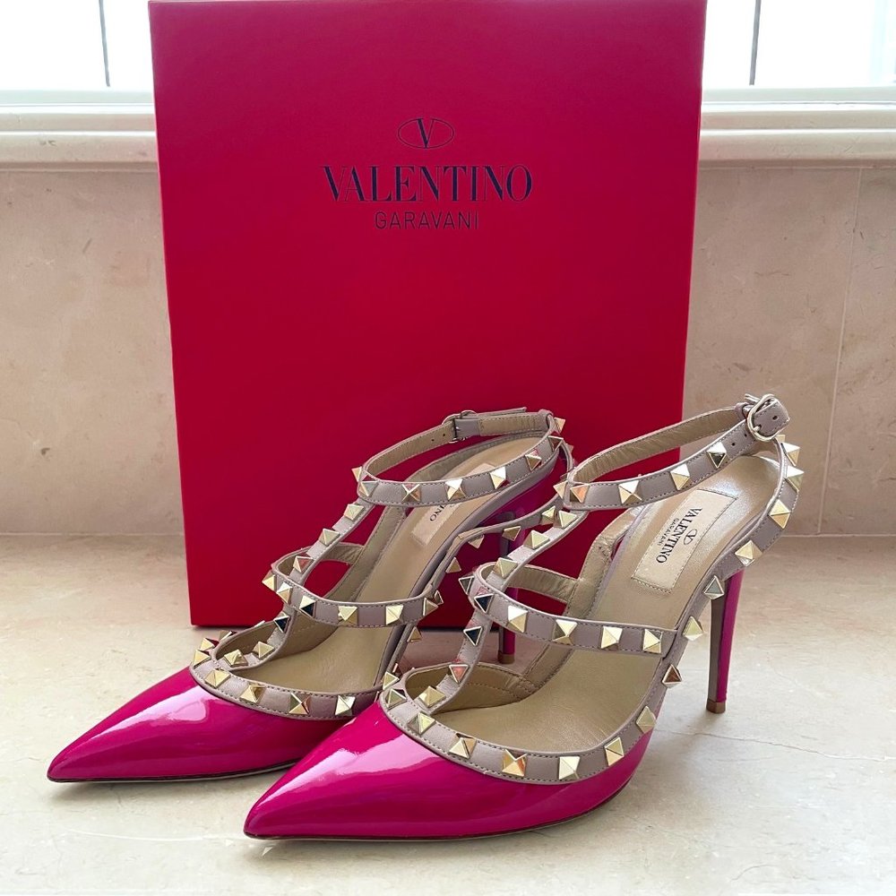 VALENTINO Pink Patent Rockstud 100mm Pumps Sz 39